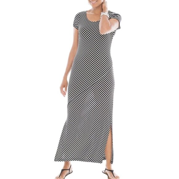 CHICO'S Travelers Summer Stripe Short Sleeve Maxi Dress Black & White NWT Size L - Picture 1 of 6